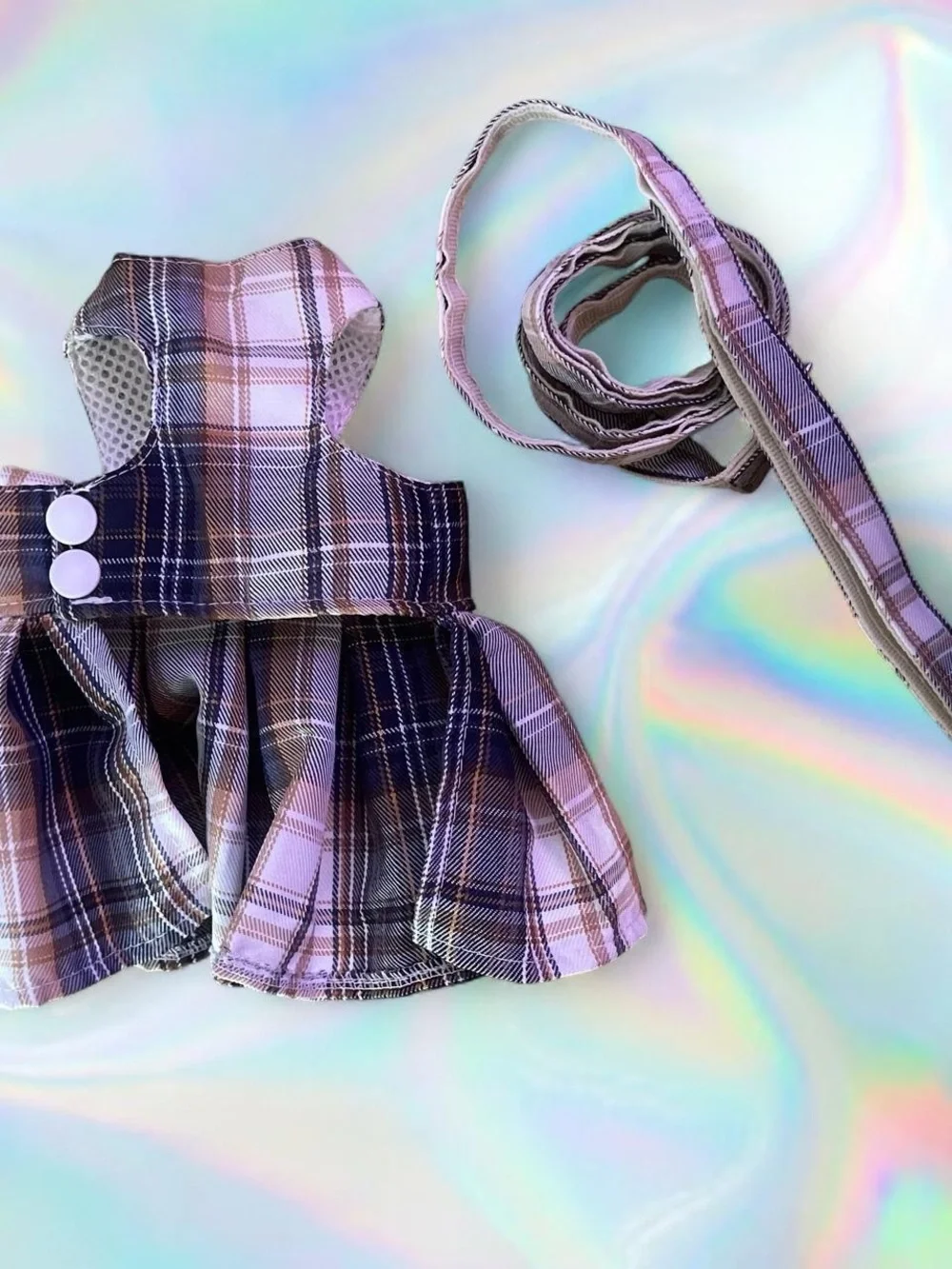 Plaid Blue Bow Harness and Leash Set for XS dog